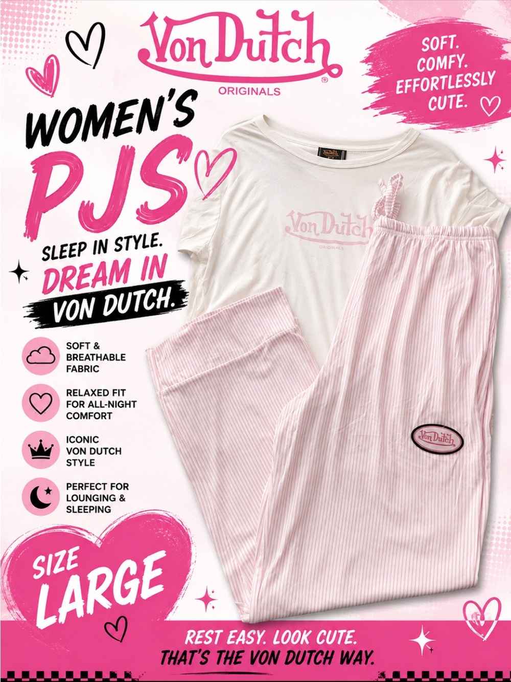 NWT Von Dutch Women's Pink & White Stripe PJ Set - Soft Lounge Sleepwear